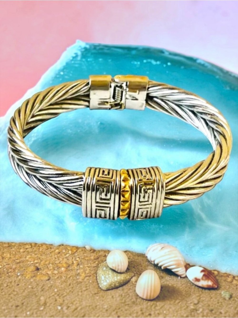 Hinged Bangle Bracelet Silver-tone + Brass Heavy